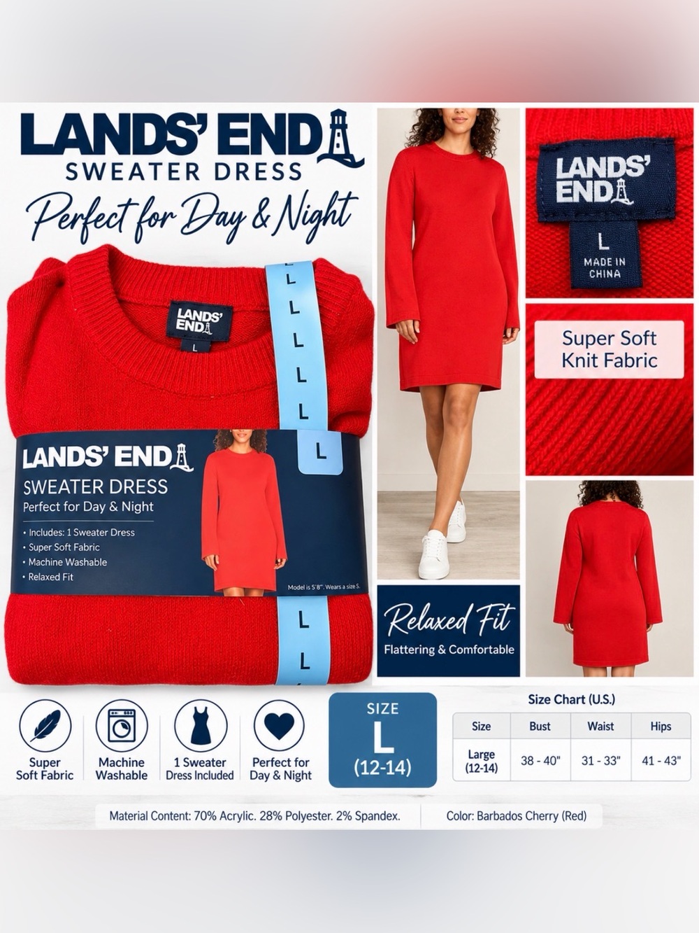 Lands’ End Women’s Sweater Dress Large 12–14 Barbados Cherry Red NWT